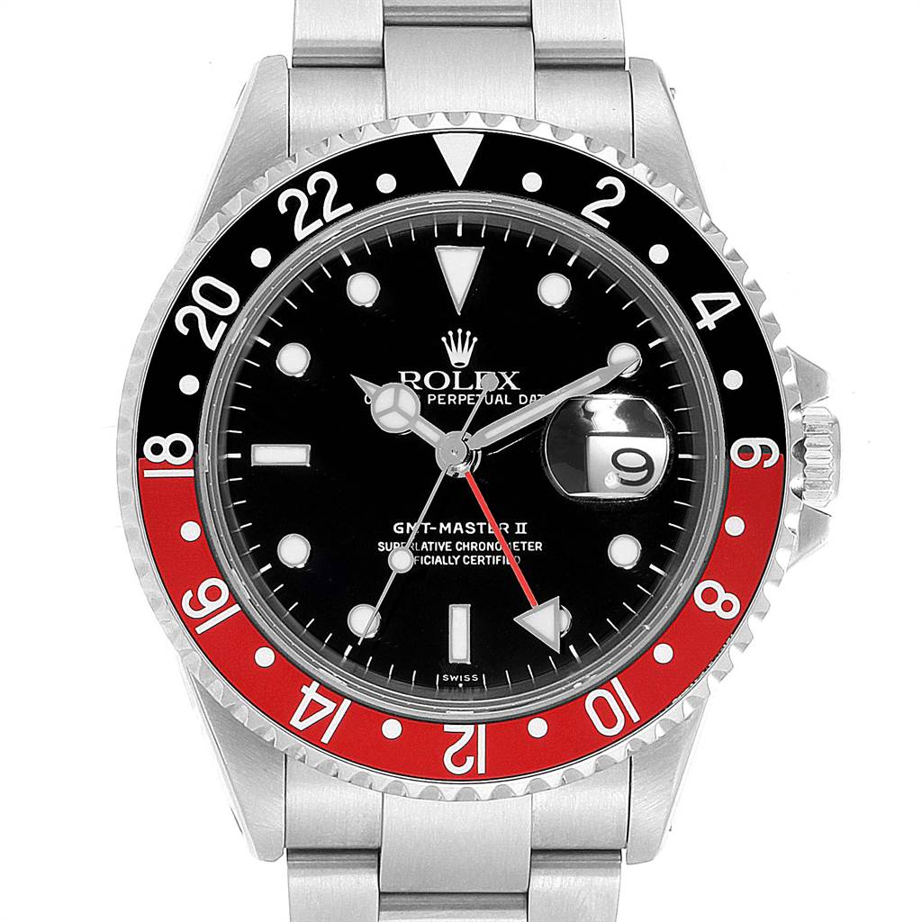 The Rolex GMT-Master 16710 Men's Stainless Steel Black Dial 16710 Men's Stainless Steel Black Dial watch is shown from a frontal angle, displaying its bezel, dial, hands, date window, and part of the bracelet.