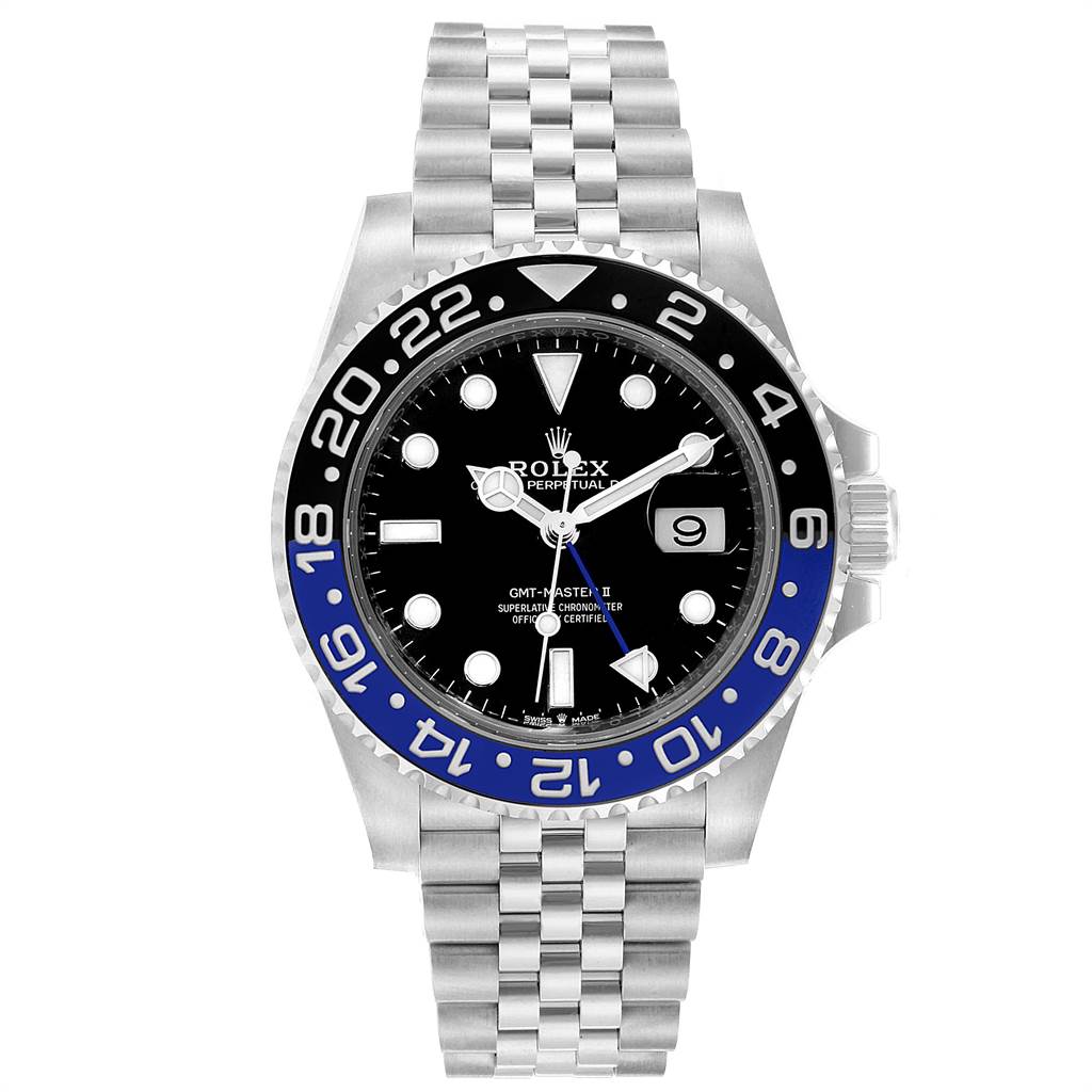 This image shows a full frontal view of the Rolex GMT-Master 126710 Men's Stainless Steel Black Dial 126710 Men's Stainless Steel Black Dial II watch, displaying its bezel, dial, hands, bracelet, and crown.