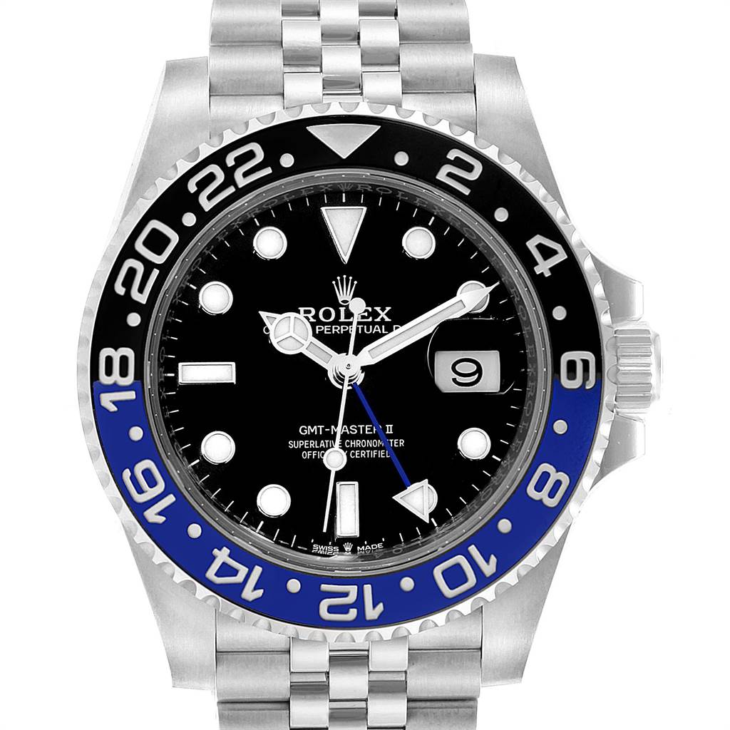 This image shows a front view of a Rolex GMT-Master 126710 Men's Stainless Steel Black Dial 126710 Men's Stainless Steel Black Dial II watch, highlighting its black and blue bezel, black dial, and stainless steel bracelet.