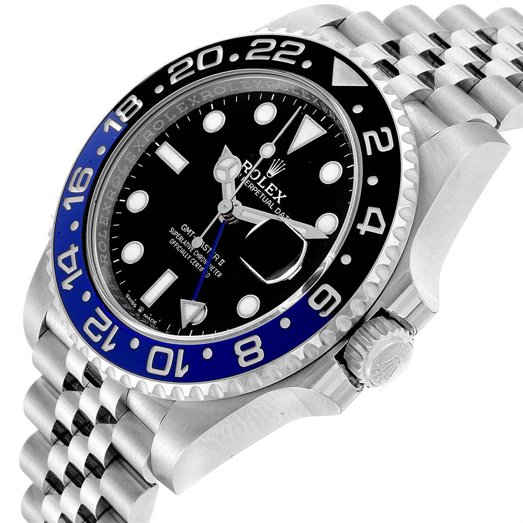 This image shows the Rolex GMT-Master 126710 Men's Stainless Steel Black Dial 126710 Men's Stainless Steel Black Dial watch at an angle highlighting the bezel, crown, dial, and jubilee bracelet.
