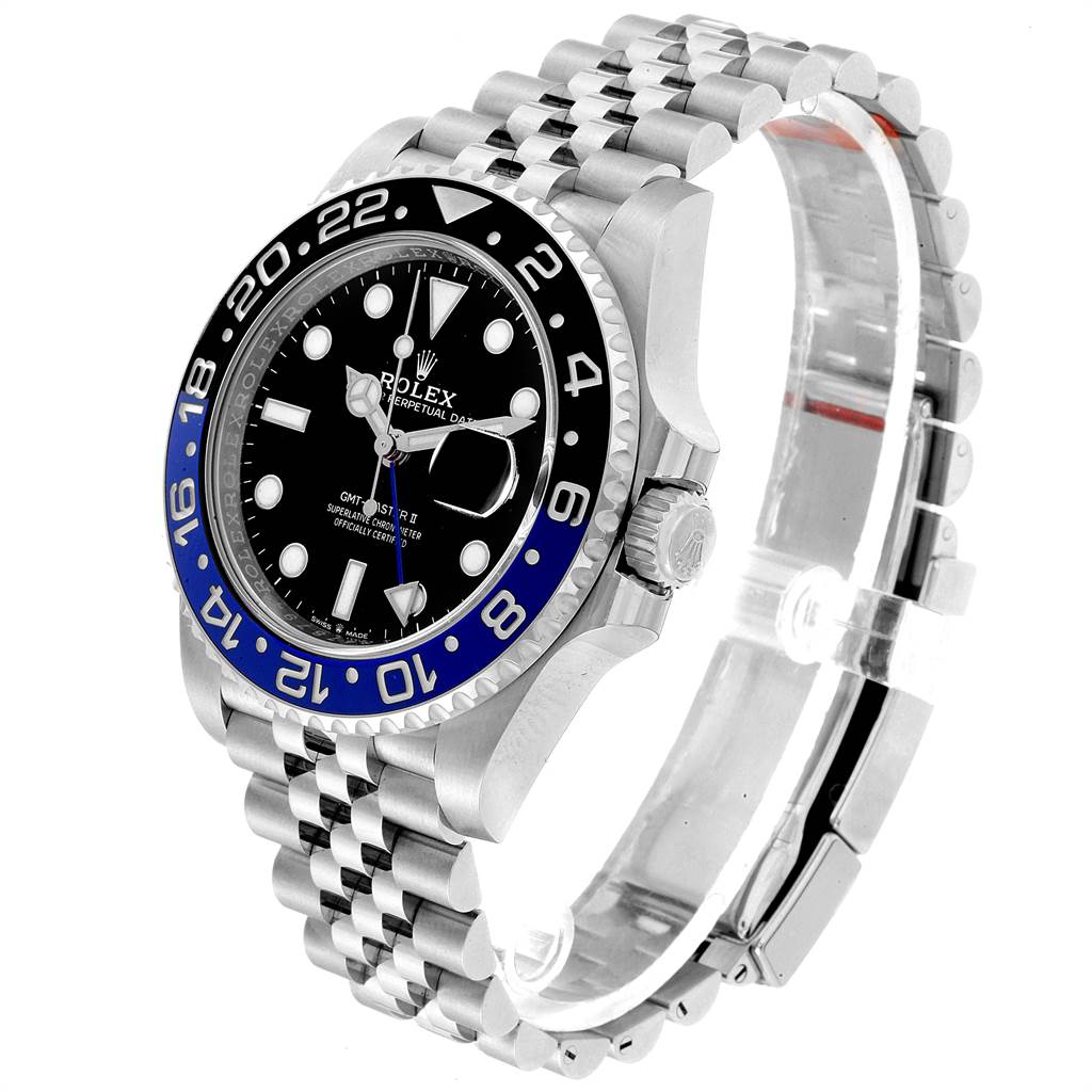 This image shows a side angle of the Rolex GMT-Master 126710 Men's Stainless Steel Black Dial 126710 Men's Stainless Steel Black Dial II watch, highlighting the face, bezel, crown, and bracelet.