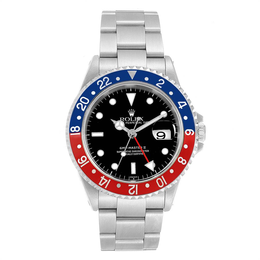 This image shows a frontal view of a Rolex GMT-Master 16710 Men's Stainless Steel Black Dial 16710 Men's Stainless Steel Black Dial watch, highlighting its dial, bezel, and stainless steel bracelet.