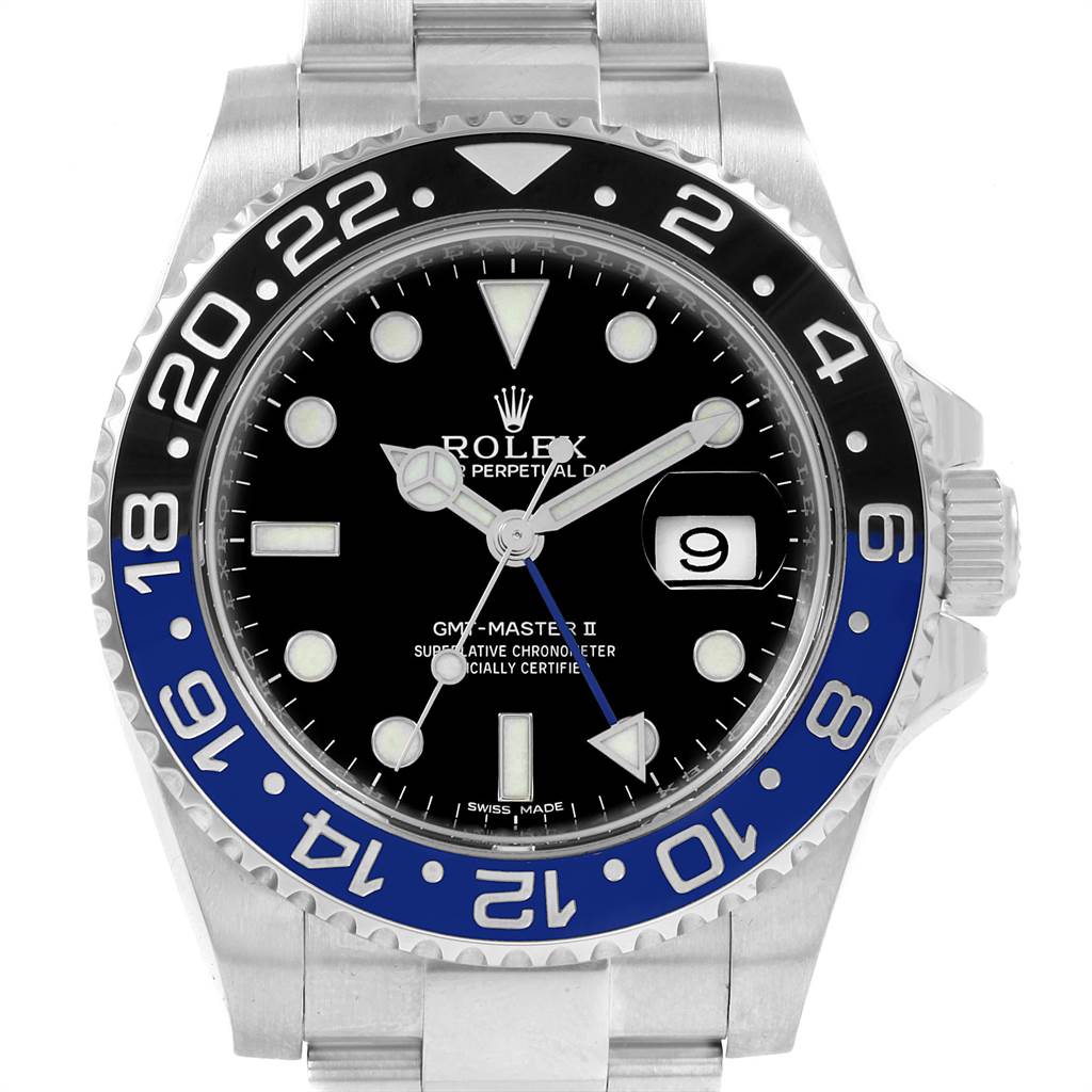 The image shows a front view of a Rolex GMT-Master 116710 Men's Stainless Steel Black Dial 116710 Men's Stainless Steel Black Dial II watch, highlighting the black and blue bezel, dial, and date window at 3 o'clock.