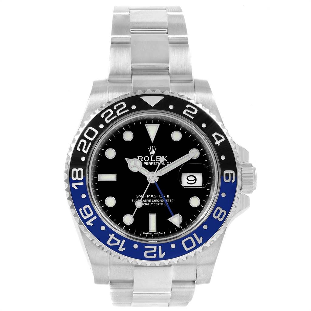 The Rolex GMT-Master 116710 Men's Stainless Steel Black Dial 116710 Men's Stainless Steel Black Dial II watch is shown from a front angle, featuring its bezel, dial, hands, and bracelet.