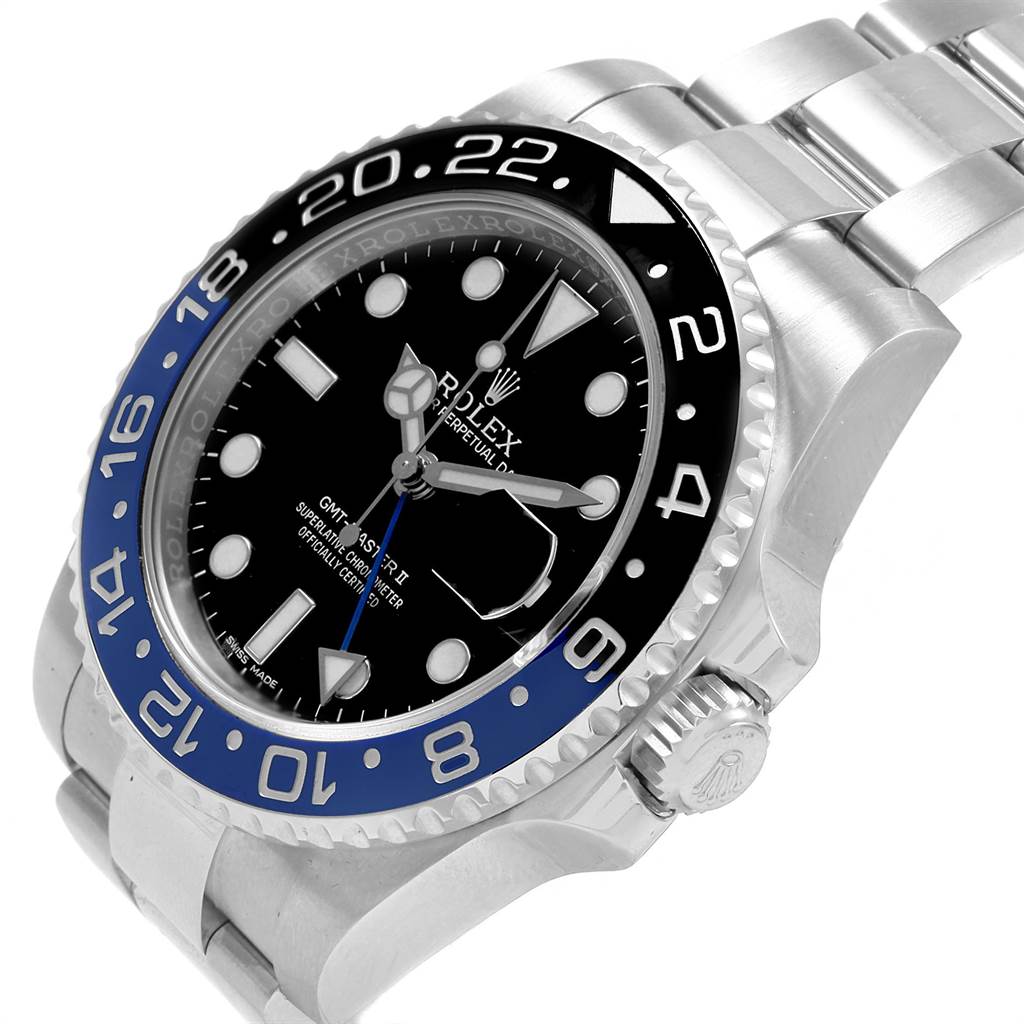 The image shows a close-up, angled view of the dial, bezel, and crown of the Rolex GMT-Master 116710 Men's Stainless Steel Black Dial 116710 Men's Stainless Steel Black Dial watch.