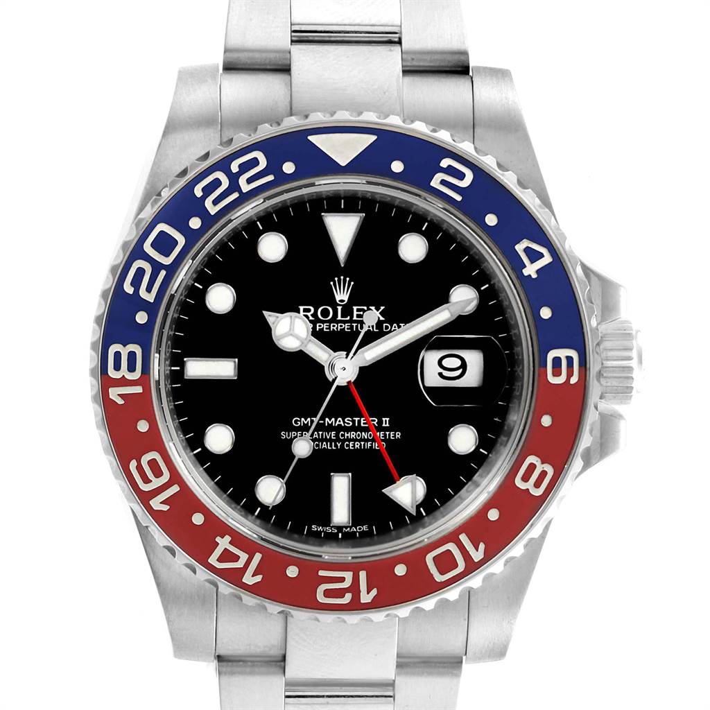 The image shows the front view of a Rolex GMT-Master 116719 Men's White Gold Black Dial 116719 Men's White Gold Black Dial II watch, displaying its face, bezel, and part of the bracelet.