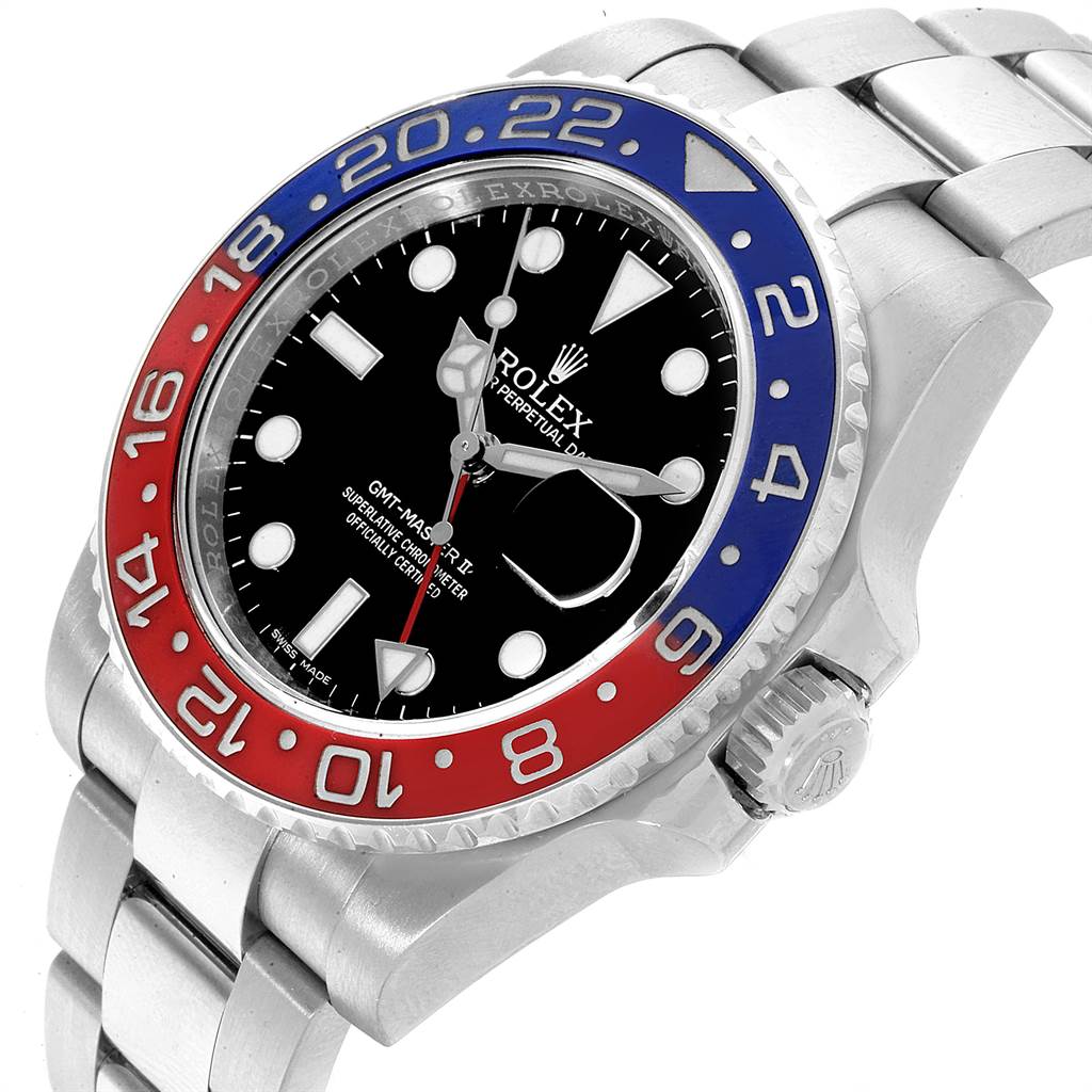 The image shows a side-angle view of a Rolex GMT-Master 116719 Men's White Gold Black Dial 116719 Men's White Gold Black Dial watch, highlighting the bezel, dial, crown, and bracelet.