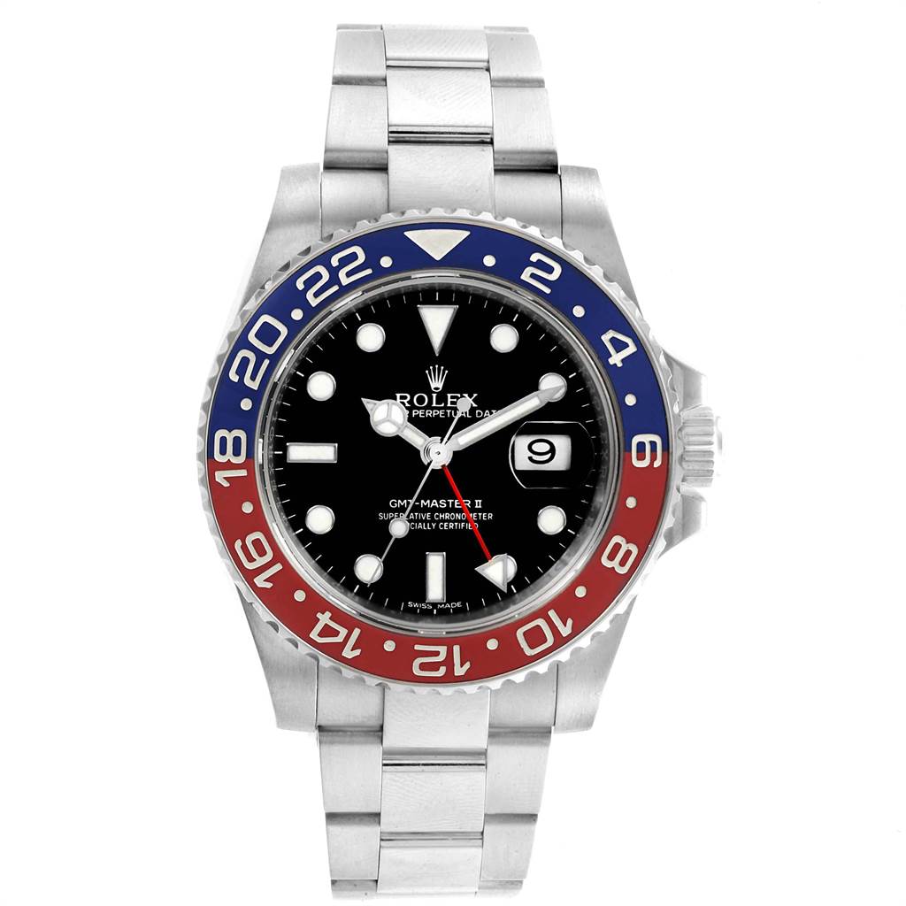 The image shows a front view of the Rolex GMT-Master 116719 Men's White Gold Black Dial 116719 Men's White Gold Black Dial II watch, highlighting the bezel, dial, hands, and bracelet.