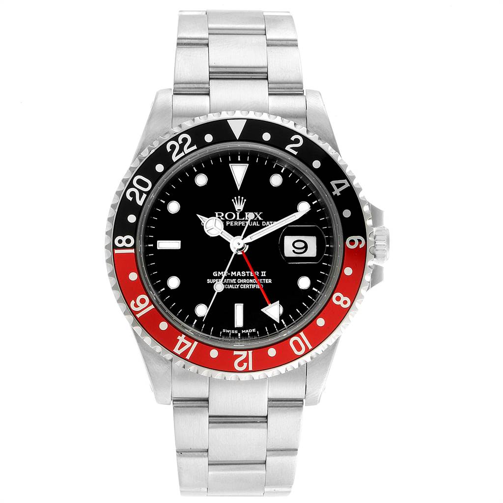 The Rolex GMT-Master 16710 Men's Stainless Steel Black Dial 16710 Men's Stainless Steel Black Dial watch is shown from a top-down angle, displaying its dial, bezel, and bracelet.