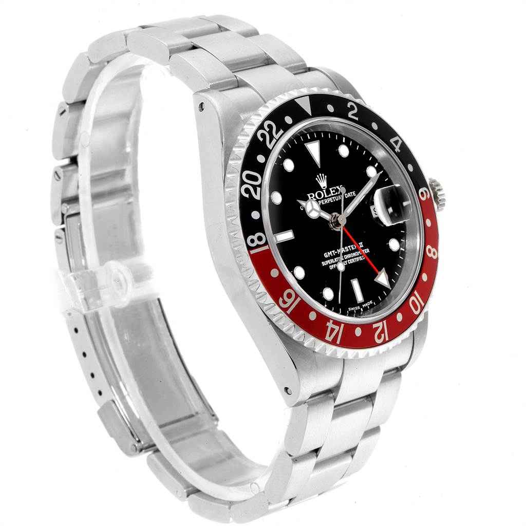 This image shows a Rolex GMT-Master 16710 Men's Stainless Steel Black Dial 16710 Men's Stainless Steel Black Dial watch at an angled side view, highlighting the bezel, dial, and stainless steel bracelet.