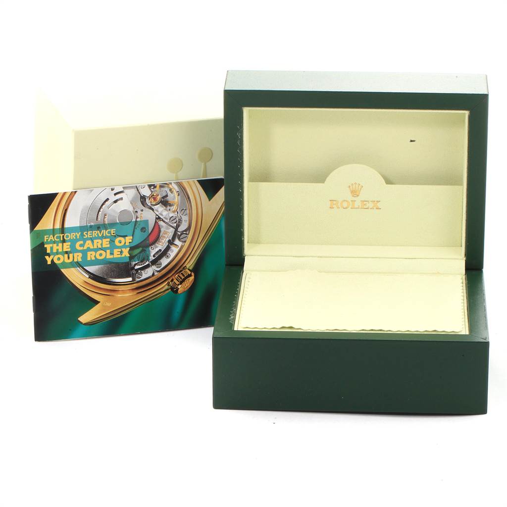 The image shows an open Rolex GMT-Master 16710 Men's Stainless Steel Black Dial 16710 Men's Stainless Steel Black Dial watch box and a factory service booklet, with the box at a 3/4 angle.