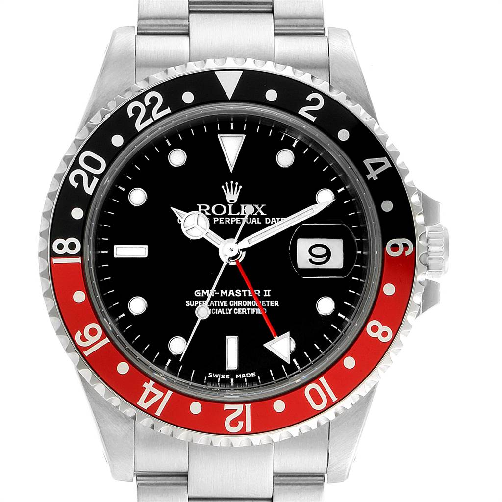 The image shows a front view of the Rolex GMT-Master 16710 Men's Stainless Steel Black Dial 16710 Men's Stainless Steel Black Dial II watch, highlighting its bezel, dial, hands, and bracelet.