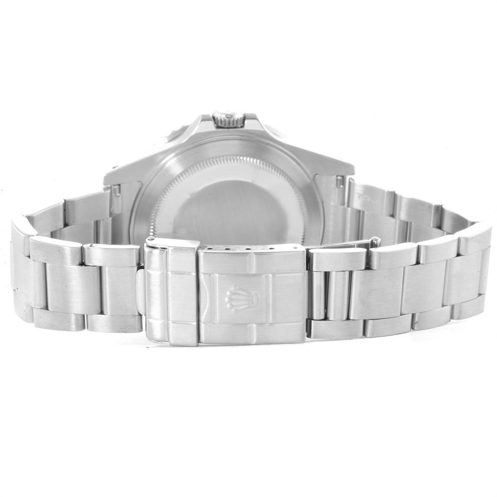 The image shows the backside and bracelet of a Rolex GMT-Master 16710 Men's Stainless Steel Black Dial 16710 Men's Stainless Steel Black Dial watch, focusing on the clasp and case back.