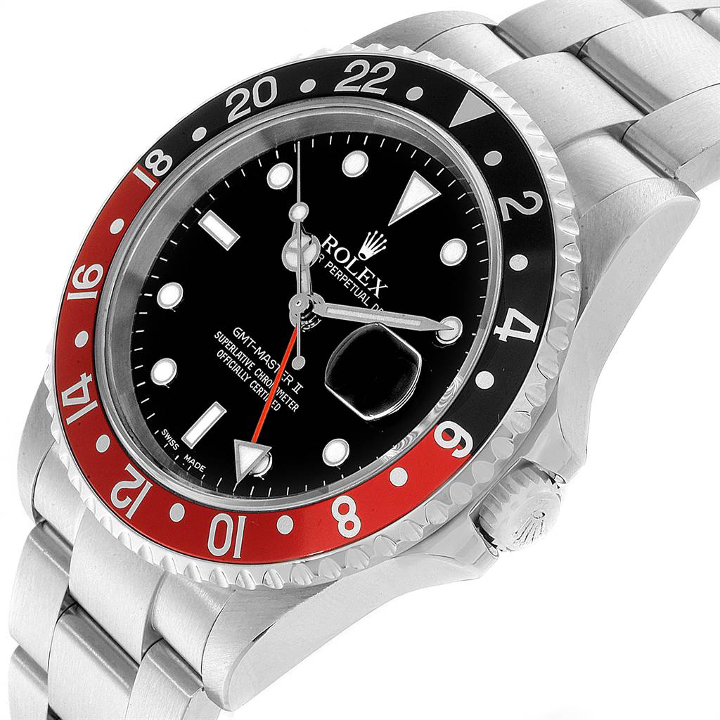 The Rolex GMT-Master 16710 Men
s Stainless Steel Black Dial 16710 Men
s Stainless Steel Black Dial II watch is shown from an angled side view, displaying the bezel, face, crown, and part of the bracelet.