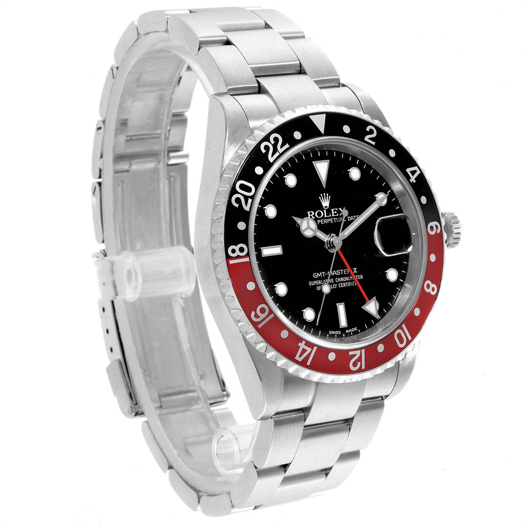 The image shows a Rolex GMT-Master 16710 Men
s Stainless Steel Black Dial 16710 Men
s Stainless Steel Black Dial watch at a three-quarter angle, displaying its face, bezel, bracelet, and crown.
