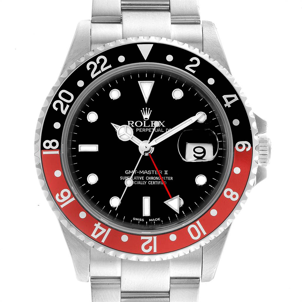 The image shows a front view of a Rolex GMT-Master 16710 Men
s Stainless Steel Black Dial 16710 Men
s Stainless Steel Black Dial II watch with a black and red bezel.