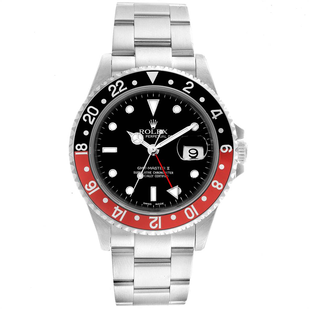 The image shows a front view of a Rolex GMT-Master 16710 Men
s Stainless Steel Black Dial 16710 Men
s Stainless Steel Black Dial watch, displaying the dial, bezel, and bracelet.