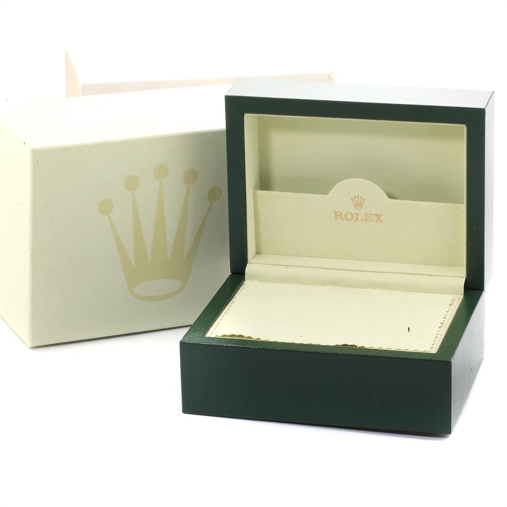 The image shows an open Rolex GMT-Master 16710 Men
s Stainless Steel Black Dial 16710 Men
s Stainless Steel Black Dial watch box and an outer box, both at an angle.