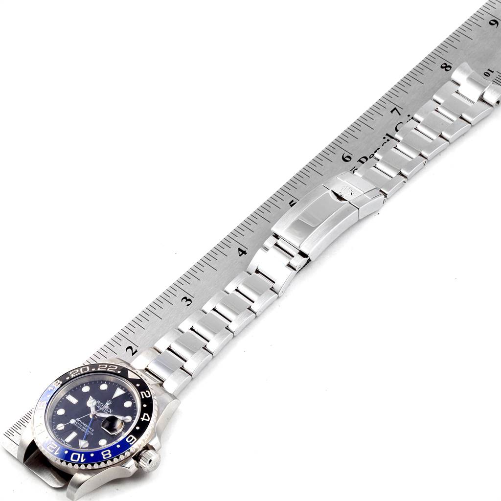 The image shows a Rolex GMT-Master 116710 Men's Stainless Steel Black Dial 116710 Men's Stainless Steel Black Dial watch laid flat and measured against a ruler.