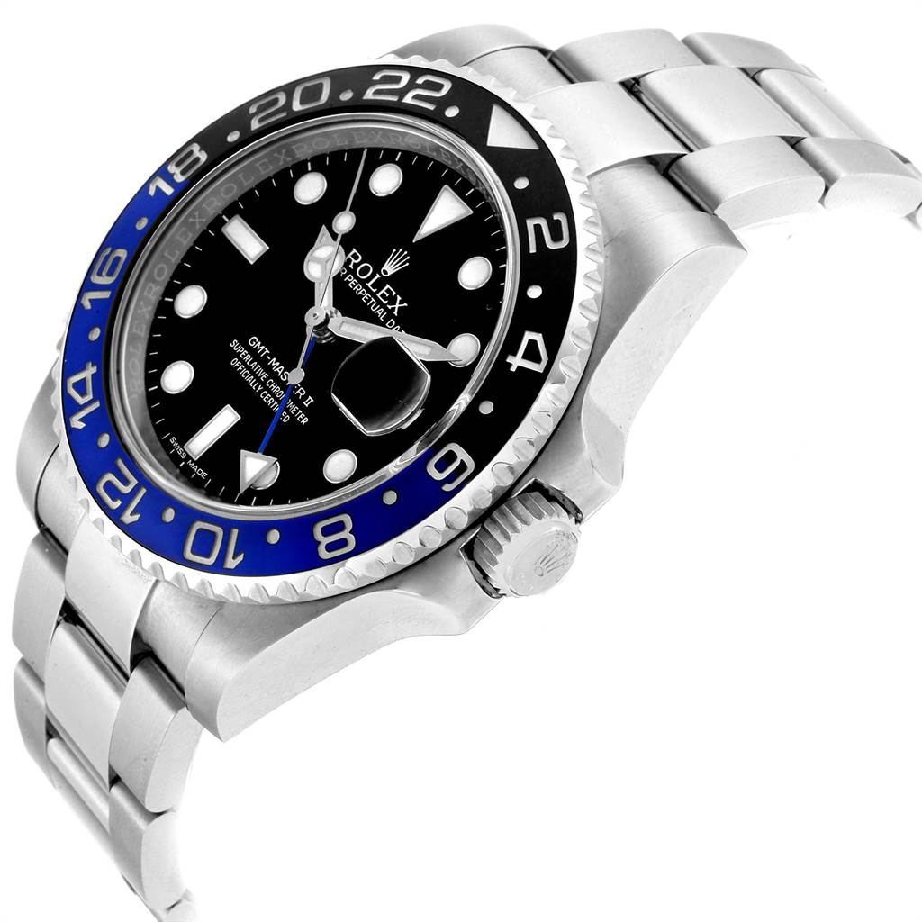 The image shows a Rolex GMT-Master 116710 Men's Stainless Steel Black Dial 116710 Men's Stainless Steel Black Dial II watch from a side angle, highlighting the bezel, crown, dial, and part of the bracelet.