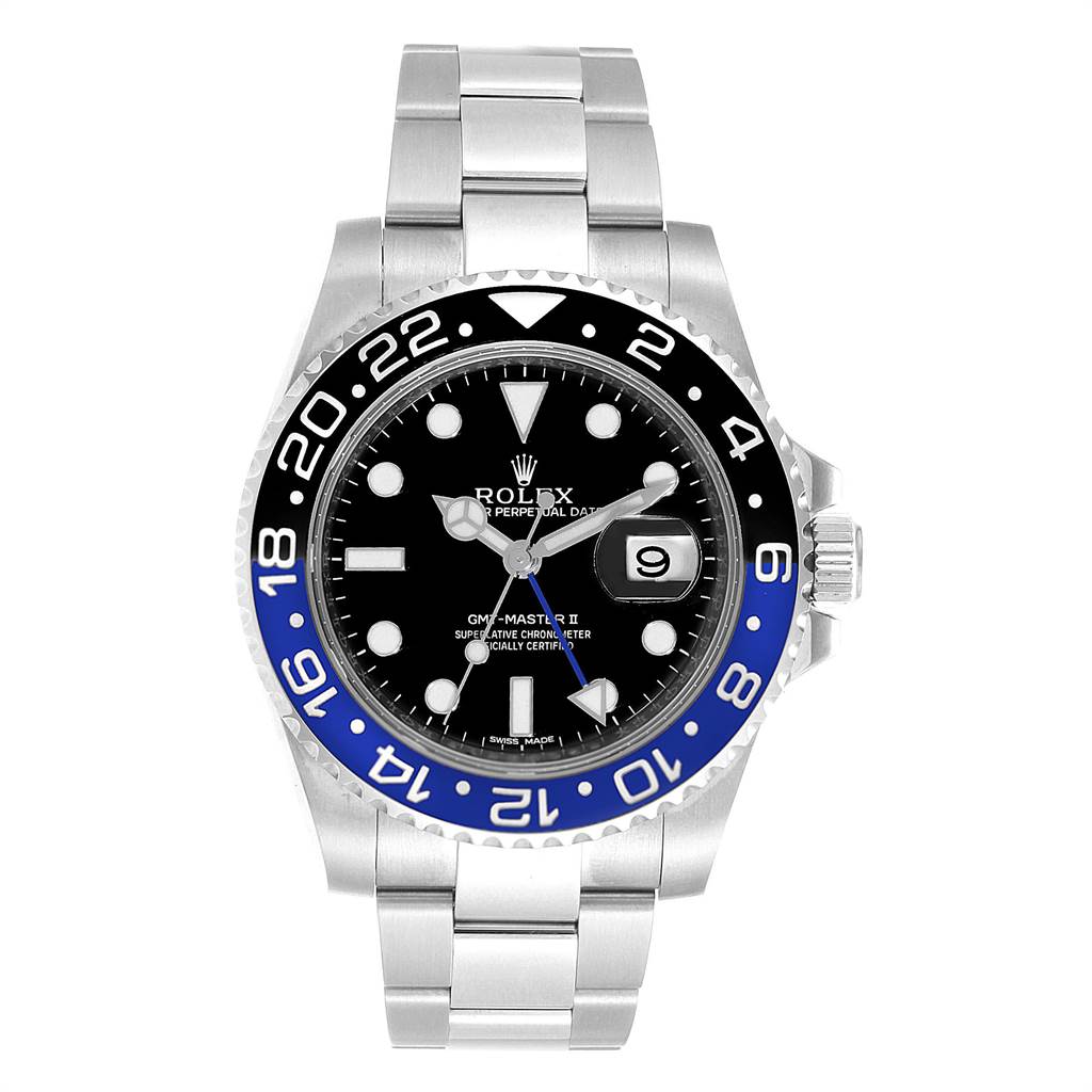 The Rolex GMT-Master 116710 Men's Stainless Steel Black Dial 116710 Men's Stainless Steel Black Dial watch is shown from a top-down angle, highlighting its face, bezel, and bracelet.