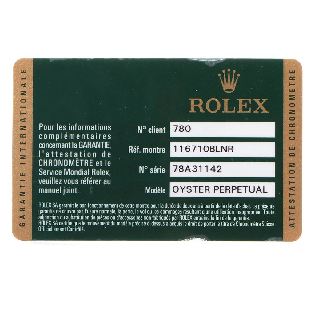 The image shows a warranty card for the Rolex GMT-Master 116710 Men's Stainless Steel Black Dial 116710 Men's Stainless Steel Black Dial model with reference number 116710BLNR.