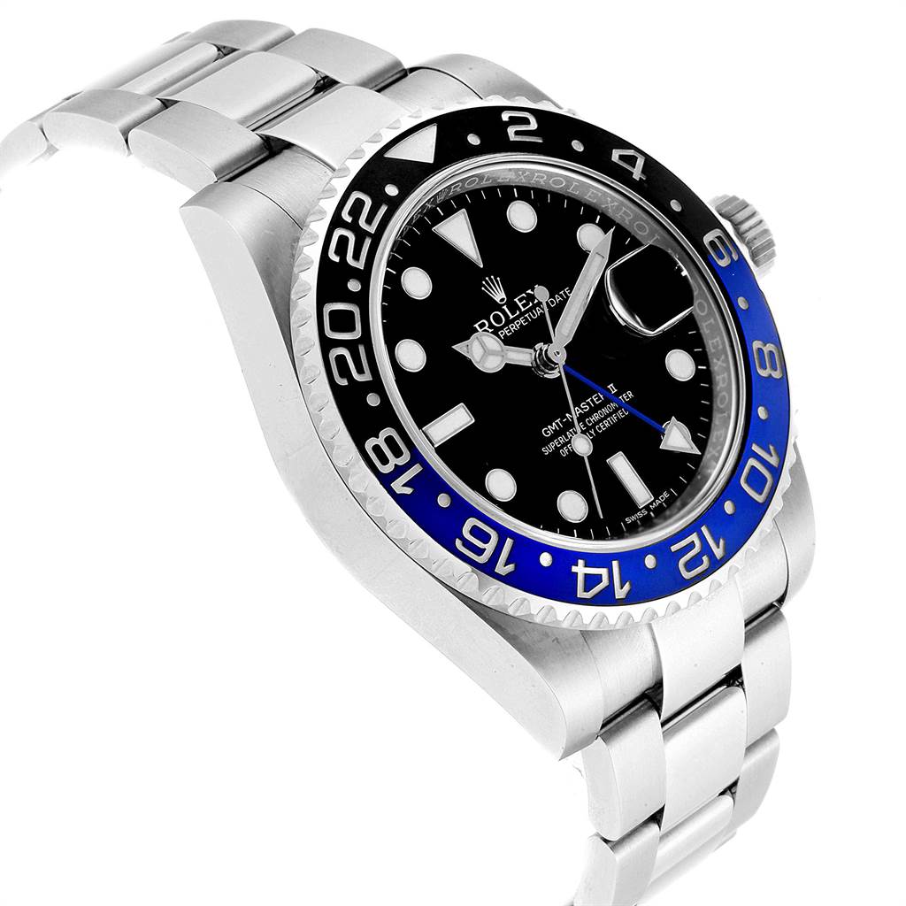 The image shows a Rolex GMT-Master 116710 Men's Stainless Steel Black Dial 116710 Men's Stainless Steel Black Dial watch angled from the front-left side, displaying the face, bezel, and part of the bracelet.