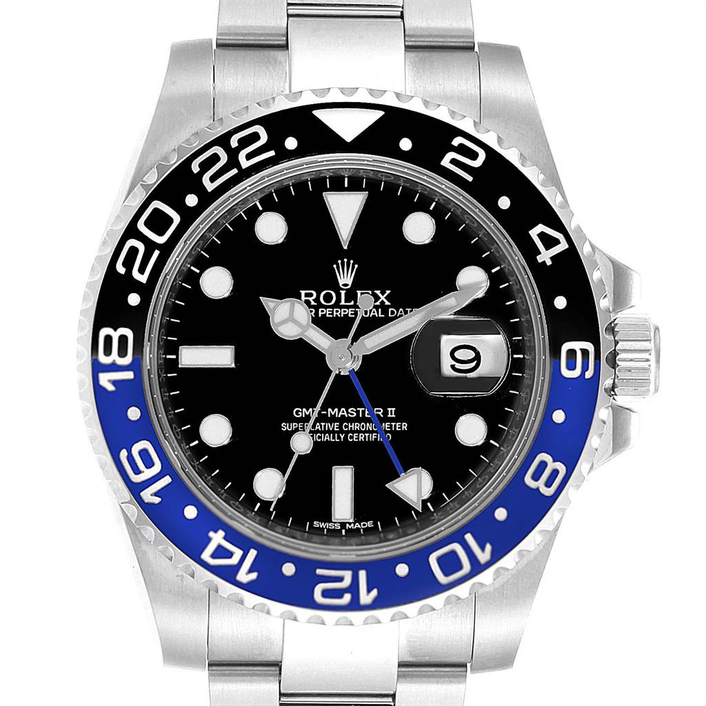The Rolex GMT-Master 116710 Men's Stainless Steel Black Dial 116710 Men's Stainless Steel Black Dial wristwatch is shown from the front, displaying its bezel, dial, hands, and bracelet.