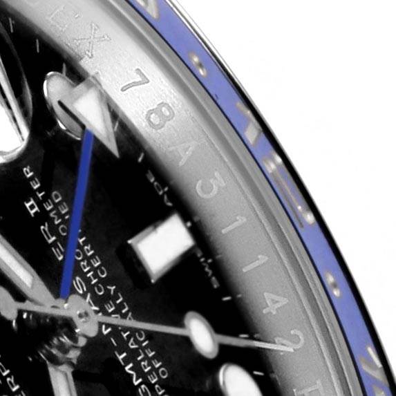 The image shows a close-up of the dial, hands, and partial bezel of a Rolex GMT-Master 116710 Men's Stainless Steel Black Dial 116710 Men's Stainless Steel Black Dial watch.