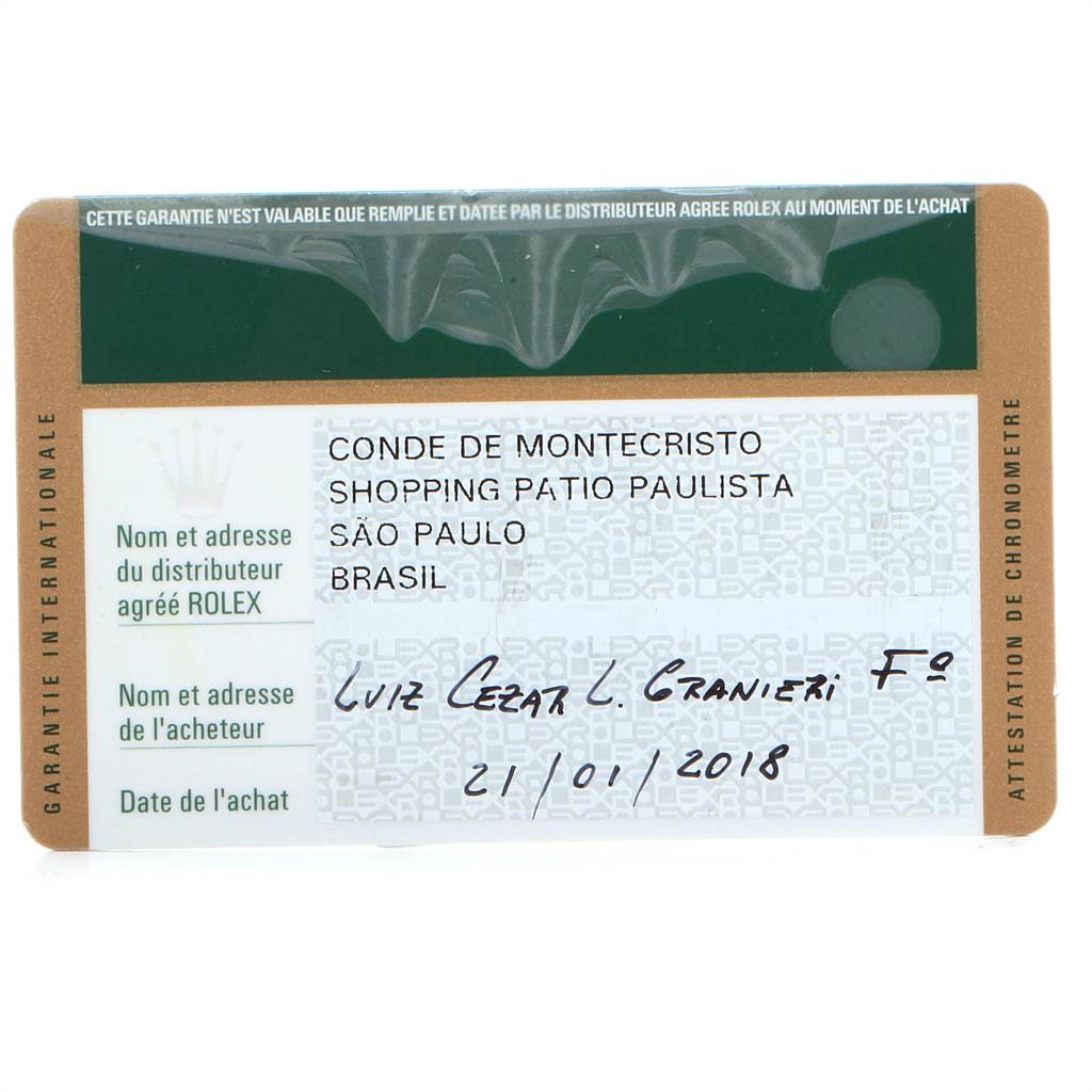 The image shows a warranty card for a Rolex GMT-Master 116710 Men's Stainless Steel Black Dial 116710 Men's Stainless Steel Black Dial, displaying purchase details and validation text.