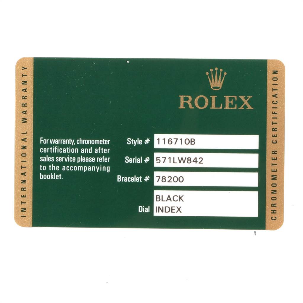 This image shows the international warranty card for a Rolex GMT-Master 116710 Men's Stainless Steel Black Dial 116710 Men's Stainless Steel Black Dial watch, model 116710B, with details like serial and bracelet numbers.