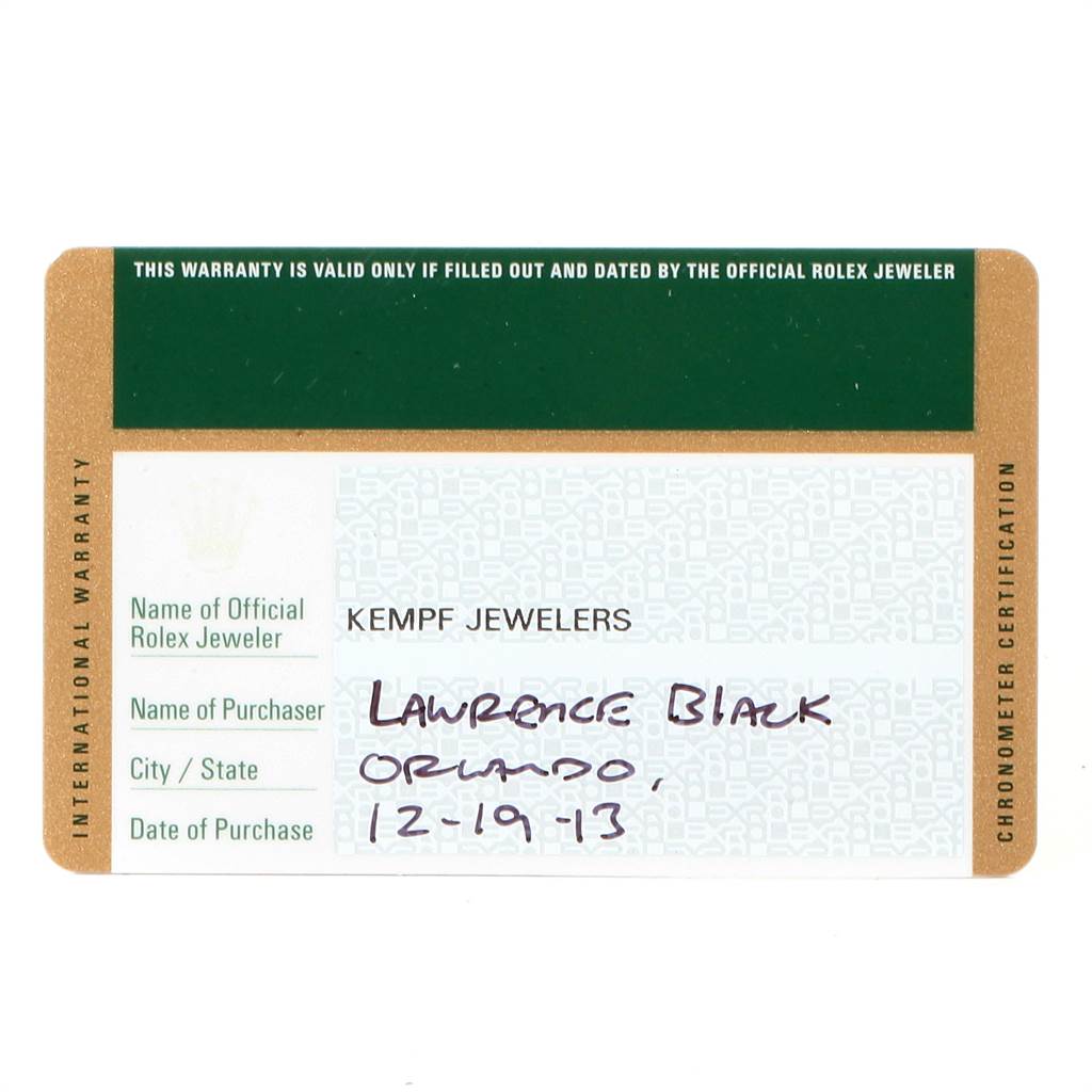 This image shows the warranty card for a Rolex GMT-Master 116710 Men's Stainless Steel Black Dial 116710 Men's Stainless Steel Black Dial, detailing the official jeweler, purchaser, city, and date of purchase.