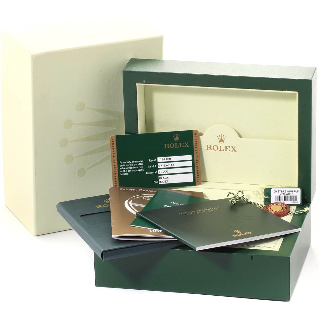 The image shows Rolex GMT-Master 116710 Men's Stainless Steel Black Dial 116710 Men's Stainless Steel Black Dial packaging with a display box, warranty cards, and booklets.