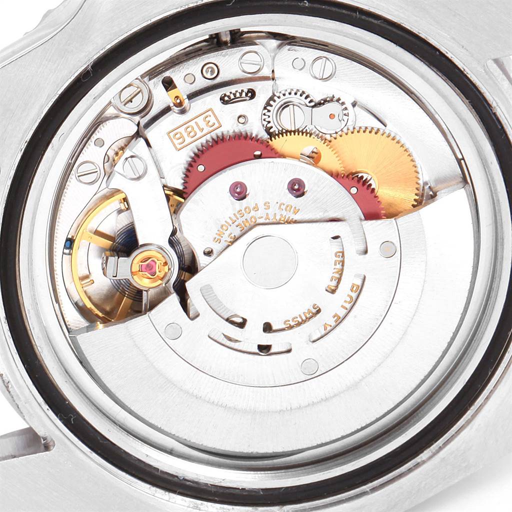 This image shows the internal mechanical movement of a Rolex GMT-Master 116710 Men's Stainless Steel Black Dial 116710 Men's Stainless Steel Black Dial watch from a rear angle.