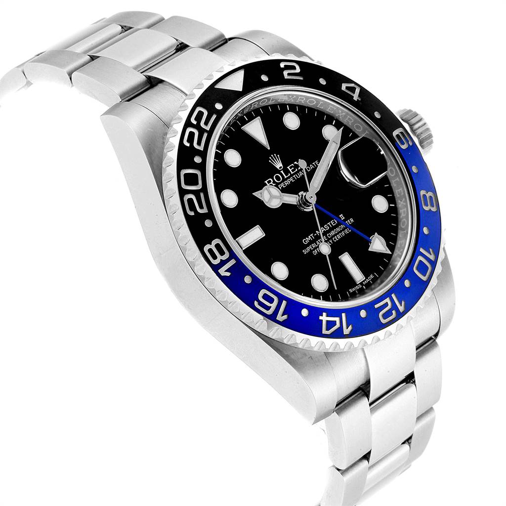 The image shows a Rolex GMT-Master 116710 Men's Stainless Steel Black Dial 116710 Men's Stainless Steel Black Dial watch from an angled view, highlighting the bezel, dial, and part of the bracelet.