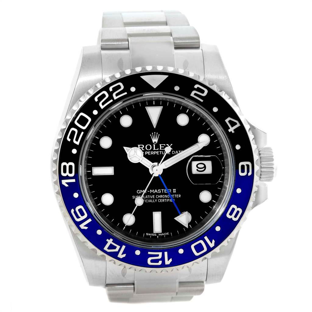 The image shows a front view of a Rolex GMT-Master 116710 Men's Stainless Steel Black Dial 116710 Men's Stainless Steel Black Dial II watch, highlighting its black and blue bezel, black dial, and metal bracelet.