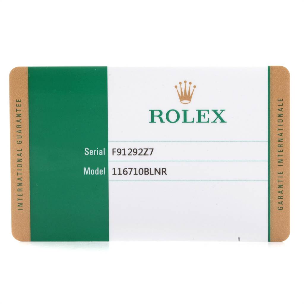 The image shows a Rolex guarantee card for the GMT-Master model 116710BLNR.
