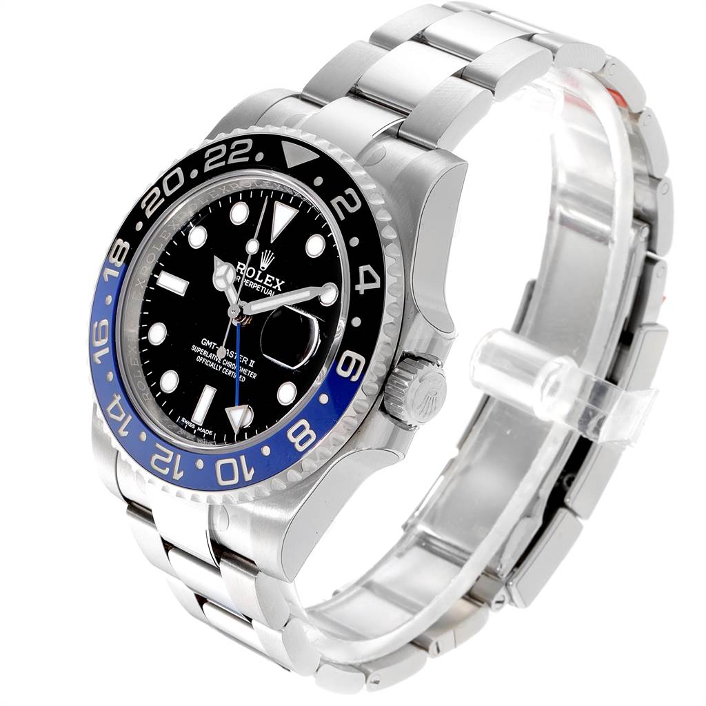 The image shows a side angle of the Rolex GMT-Master 116710 Men's Stainless Steel Black Dial 116710 Men's Stainless Steel Black Dial II, displaying the watch face, bezel, crown, and part of the bracelet.