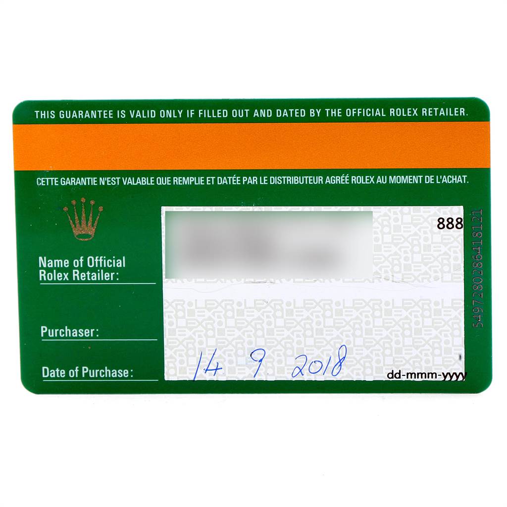 The image shows a warranty card for the Rolex GMT-Master 116710 Men's Stainless Steel Black Dial 116710 Men's Stainless Steel Black Dial with purchase details filled in.