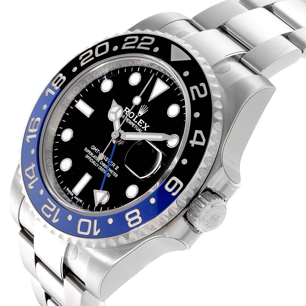 This image shows a Rolex GMT-Master 116710 Men's Stainless Steel Black Dial 116710 Men's Stainless Steel Black Dial II watch at a slight angle, highlighting the bezel, dial, and part of the bracelet.