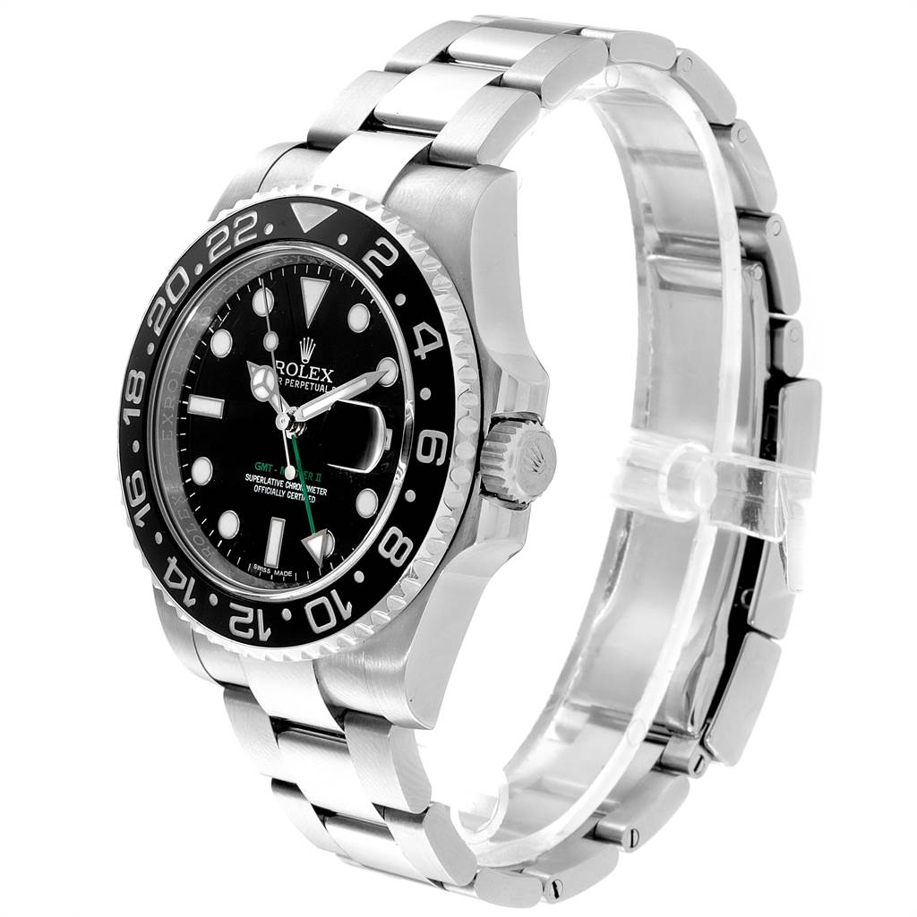 This Rolex GMT-Master 116710 Men's Stainless Steel Black Dial 116710 Men's Stainless Steel Black Dial watch is shown at a front-side angle, displaying the bezel, dial, case, and bracelet.