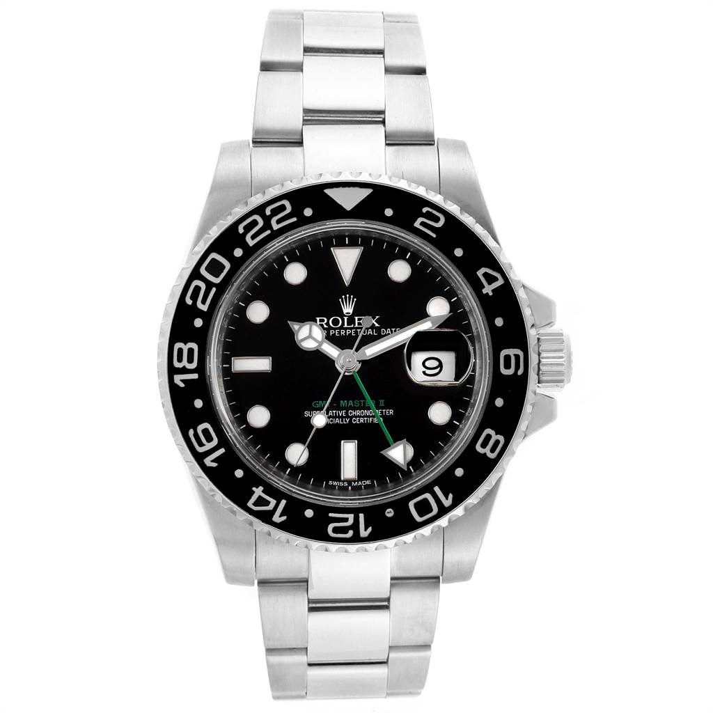 The image shows a front view of a Rolex GMT-Master 116710 Men's Stainless Steel Black Dial 116710 Men's Stainless Steel Black Dial II watch, displaying the face, bezel, and bracelet.