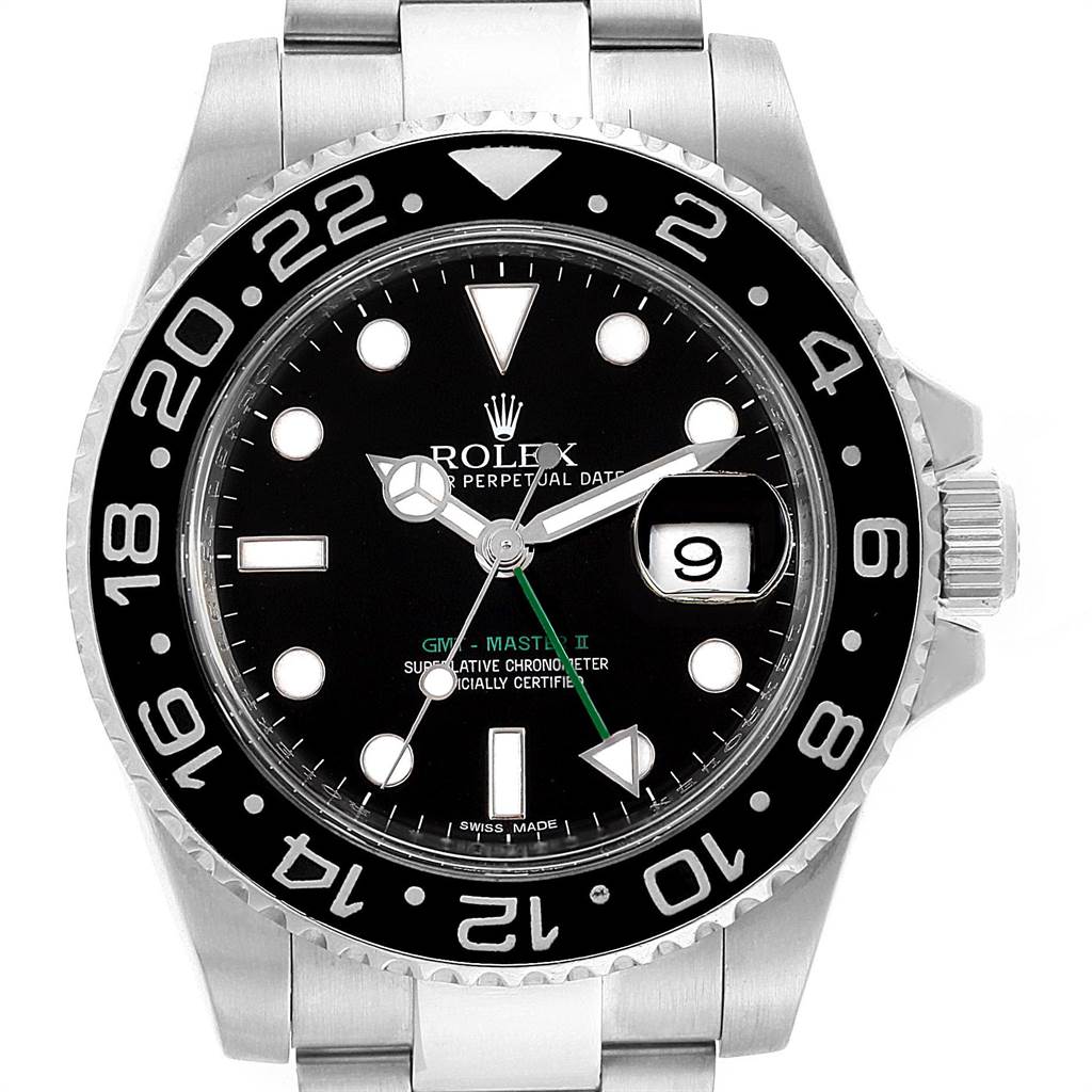 The image shows a front view of a Rolex GMT-Master 116710 Men's Stainless Steel Black Dial 116710 Men's Stainless Steel Black Dial II watch, displaying the face, bezel, date window, and part of the bracelet.