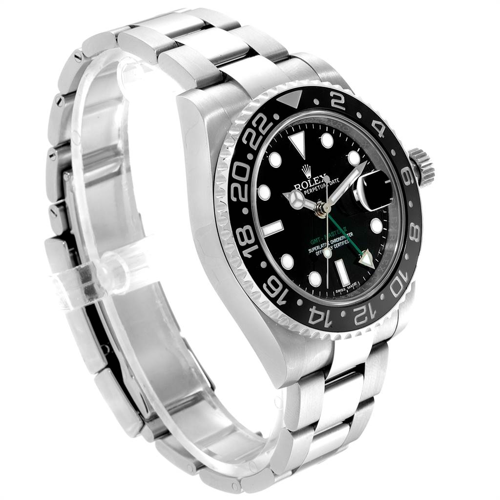 This image shows a side angle of the Rolex GMT-Master 116710 Men's Stainless Steel Black Dial 116710 Men's Stainless Steel Black Dial watch, highlighting its bracelet, bezel, and face.