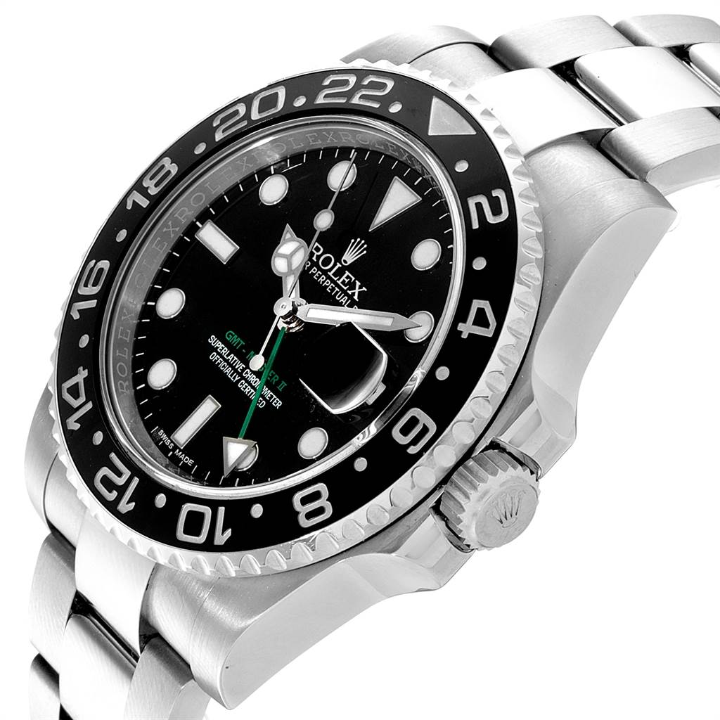 This image shows a close-up side view of the Rolex GMT-Master 116710 Men's Stainless Steel Black Dial 116710 Men's Stainless Steel Black Dial watch, highlighting the bezel, dial, crown, and part of the stainless steel bracelet.