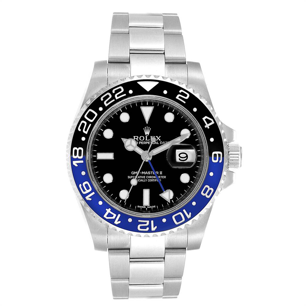 The image shows a front view of the Rolex GMT-Master 116710 Men's Stainless Steel Black Dial 116710 Men's Stainless Steel Black Dial II watch, highlighting its black dial, bezel, and stainless steel bracelet.