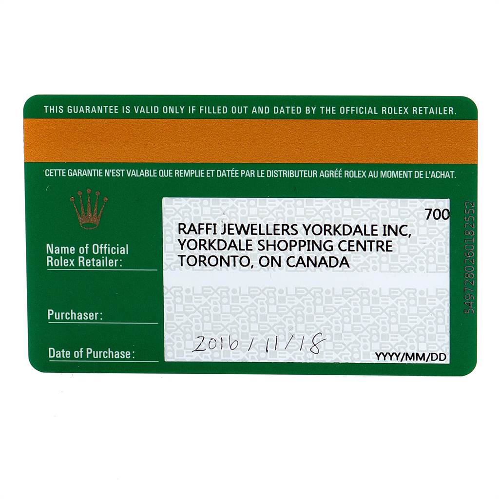 The image shows a guarantee card for the Rolex GMT-Master 116710 Men's Stainless Steel Black Dial 116710 Men's Stainless Steel Black Dial, labeled with purchase date and retailer information.