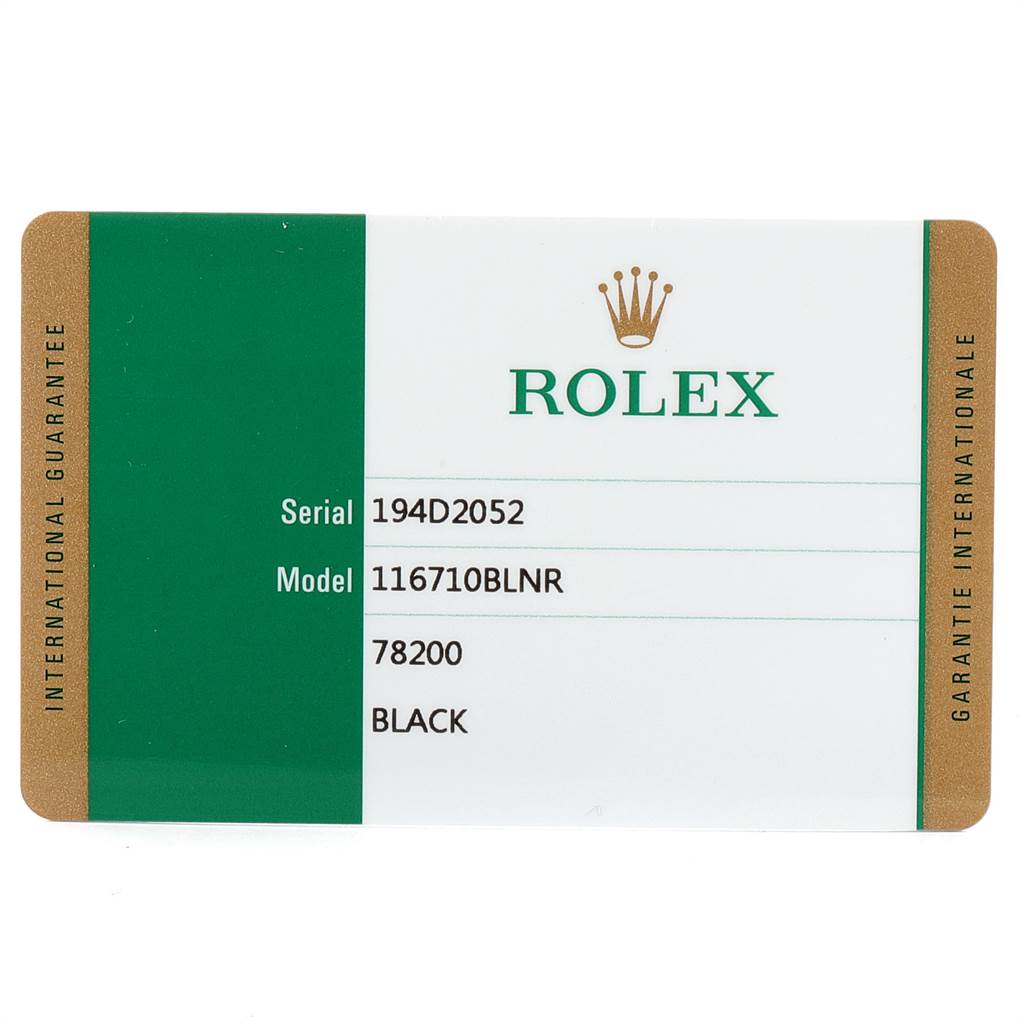 This image shows an international guarantee card for the Rolex GMT-Master 116710 Men's Stainless Steel Black Dial 116710 Men's Stainless Steel Black Dial model 116710BLNR, featuring serial, model numbers, and color.