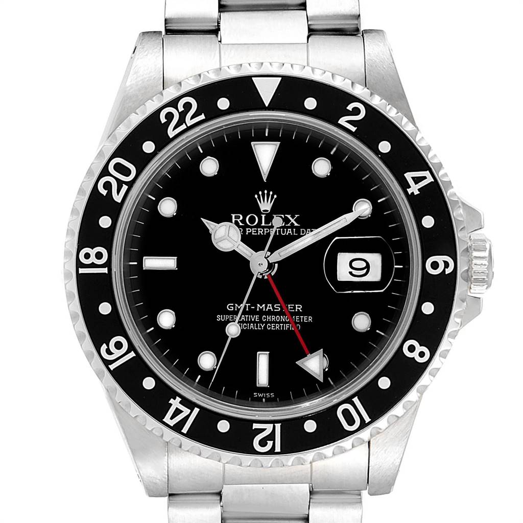 The image shows a front view of a Rolex GMT-Master 16700 Men's Stainless Steel Black Dial 16700 Men's Stainless Steel Black Dial watch, displaying its face, bezel, crown, and part of the bracelet.