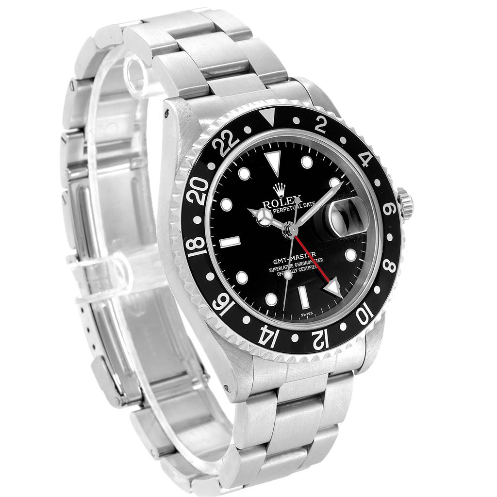 This image shows a Rolex GMT-Master 16700 Men's Stainless Steel Black Dial 16700 Men's Stainless Steel Black Dial watch from a three-quarter angle, highlighting the bezel, dial, and metal bracelet.